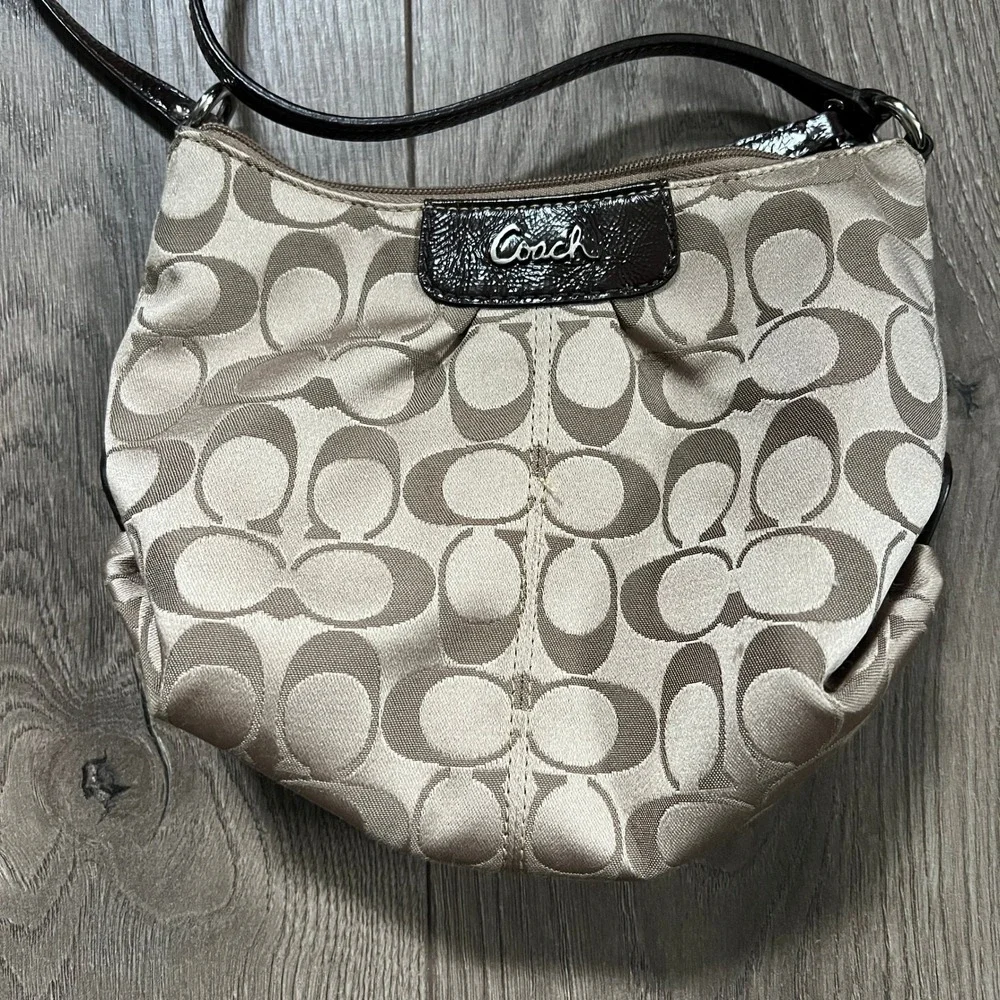 Coach Signature Satin Mini Crossbody Brown Tan Beige Shoulder Bag